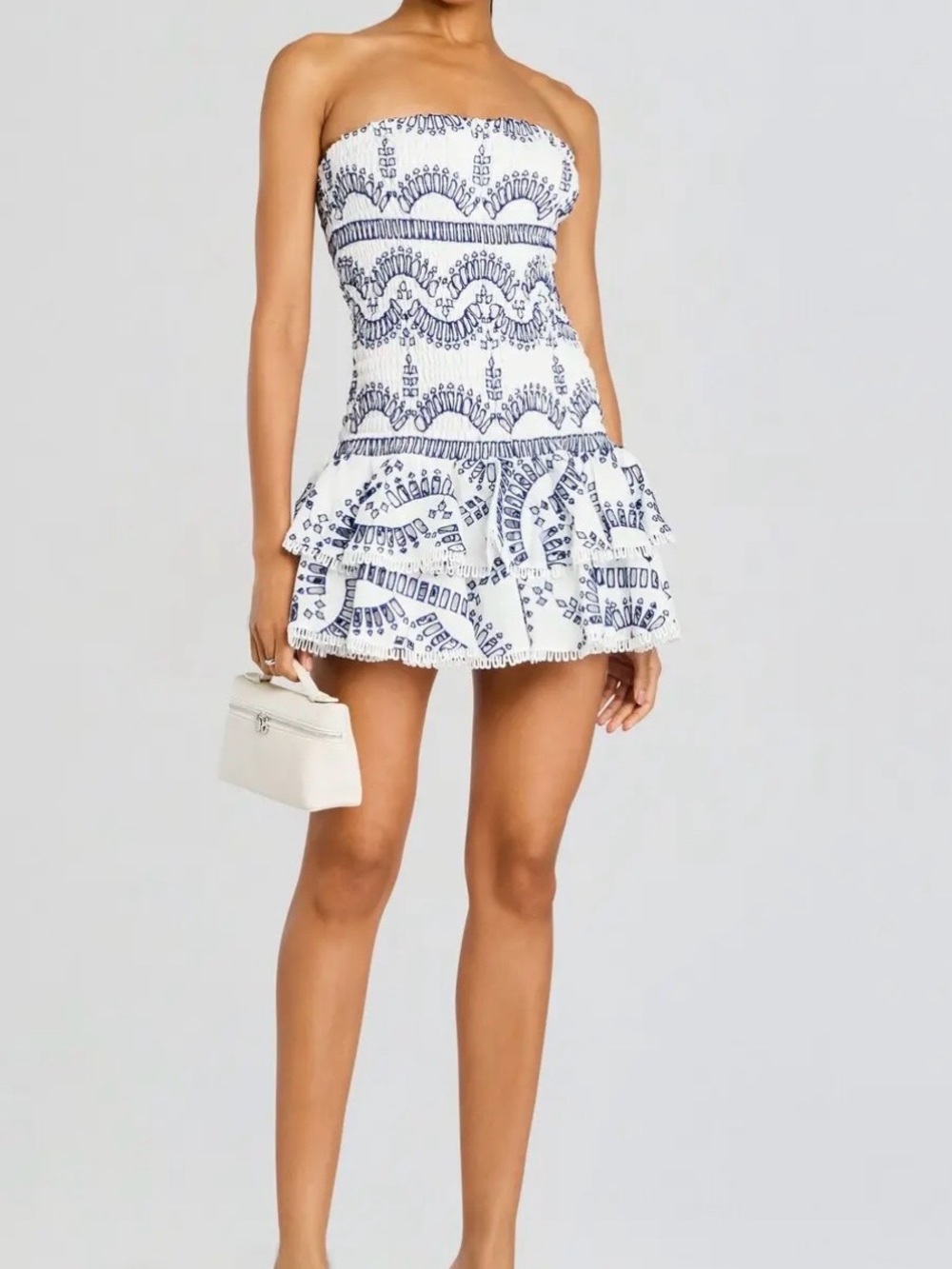 Charo Ruiz White Strapless Mini Dress with Navy Embroidery